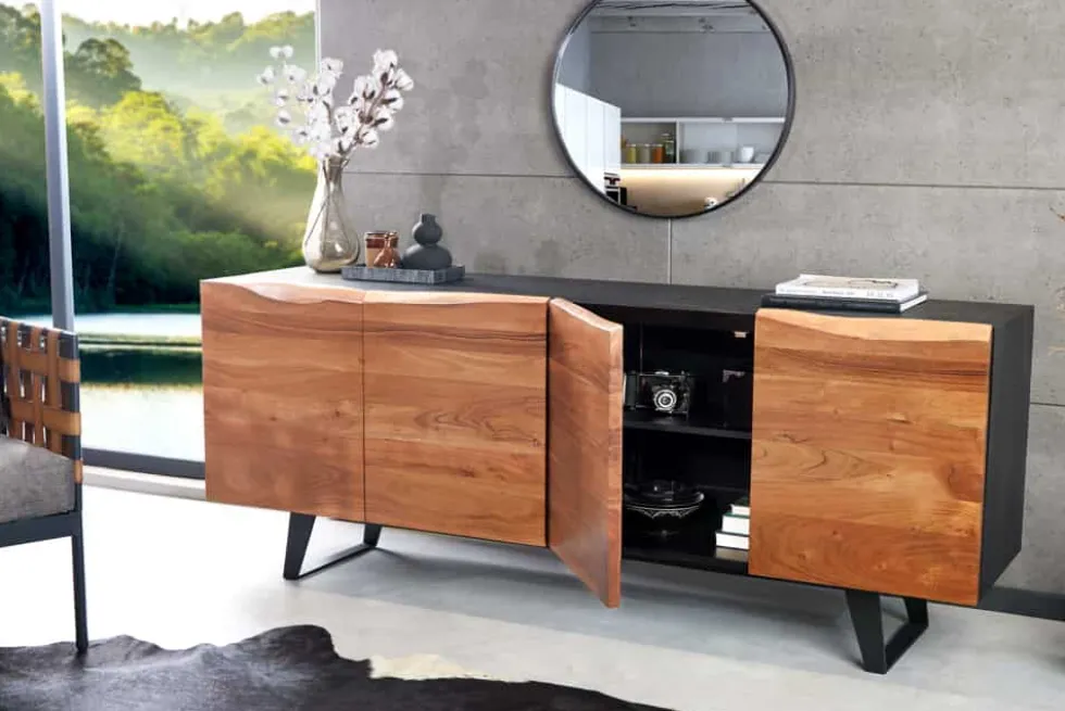 Industrial Design Sideboard ORGANIC ARTWORK 180cm Akazie Massivholz Eisengestell