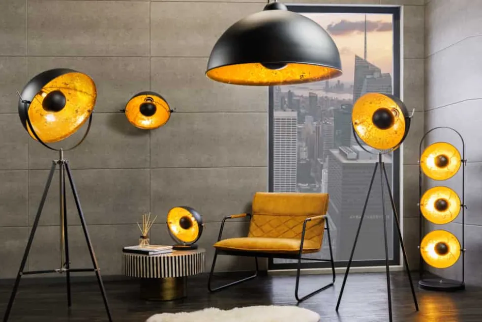 Industrial Design Tischlampe STUDIO 40cm schwarz Blattgold-Optik neigbarer Schirm