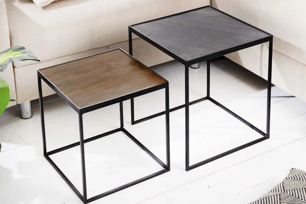 Industrial 2er-Set Couchtische FIRE & EARTH 45cm Mangoholz massiv Schiefer Metall schwarz