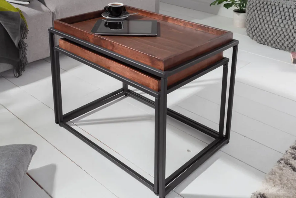 Industrial 2er Set Couchtisch ELEMENTS 60cm Mocha Buche abnehmbares Tablett