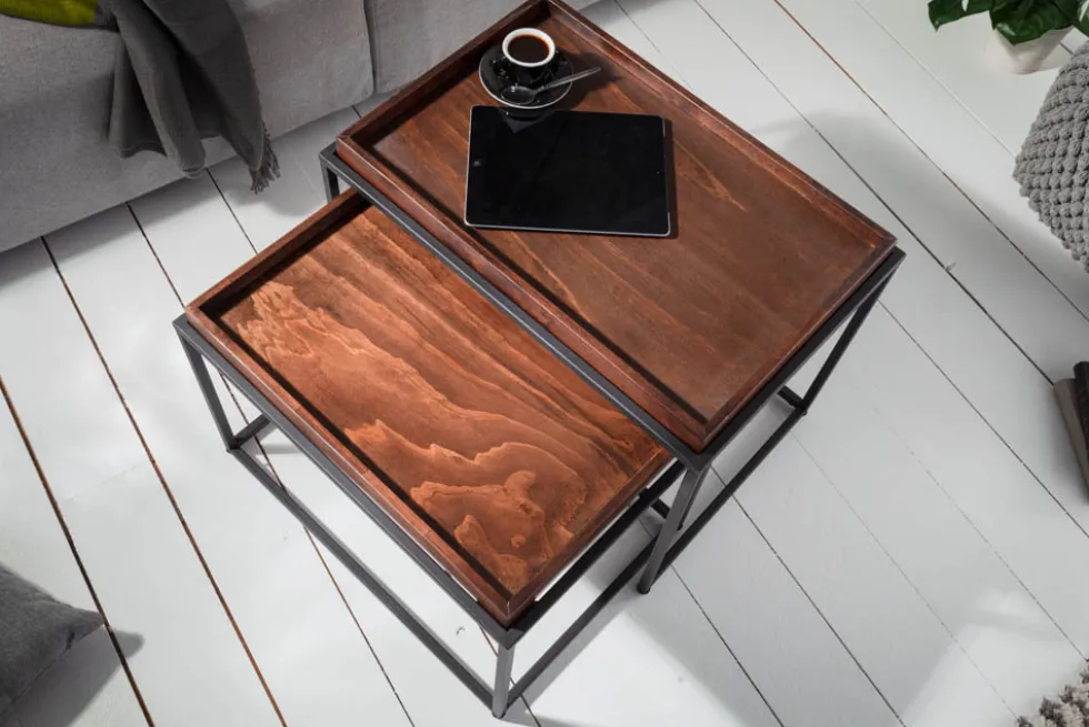 Industrial 2er Set Couchtisch ELEMENTS 60cm Mocha Buche abnehmbares Tablett