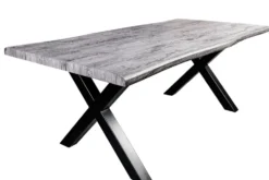 Industrial Esstisch WILD 200cm grau gekälkt Wildeiche-Design Baumkante schwarz X-Gestell
