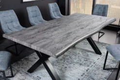 Industrial Esstisch WILD 200cm grau gekälkt Wildeiche-Design Baumkante schwarz X-Gestell