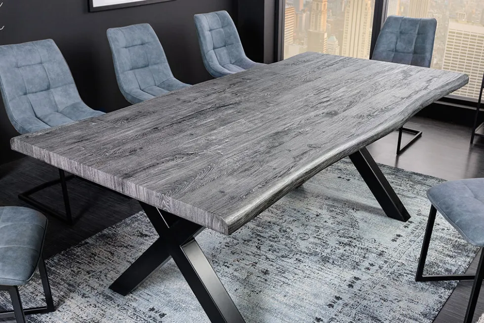 Industrial Esstisch WILD 200cm grau gekälkt Wildeiche-Design Baumkante schwarz X-Gestell