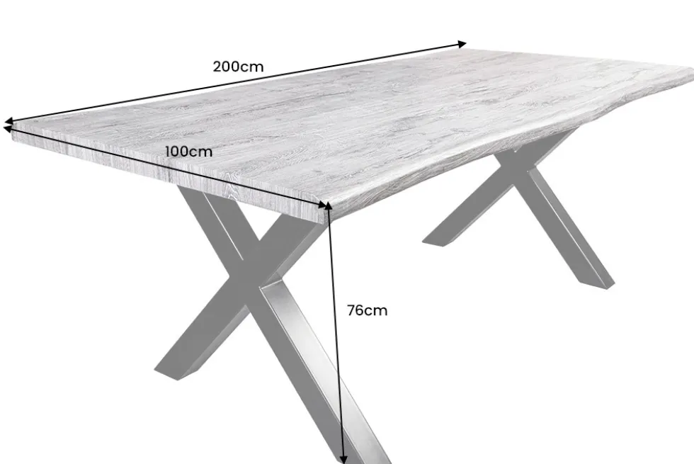 Industrial Esstisch WILD 200cm grau gekälkt Wildeiche-Design Baumkante schwarz X-Gestell