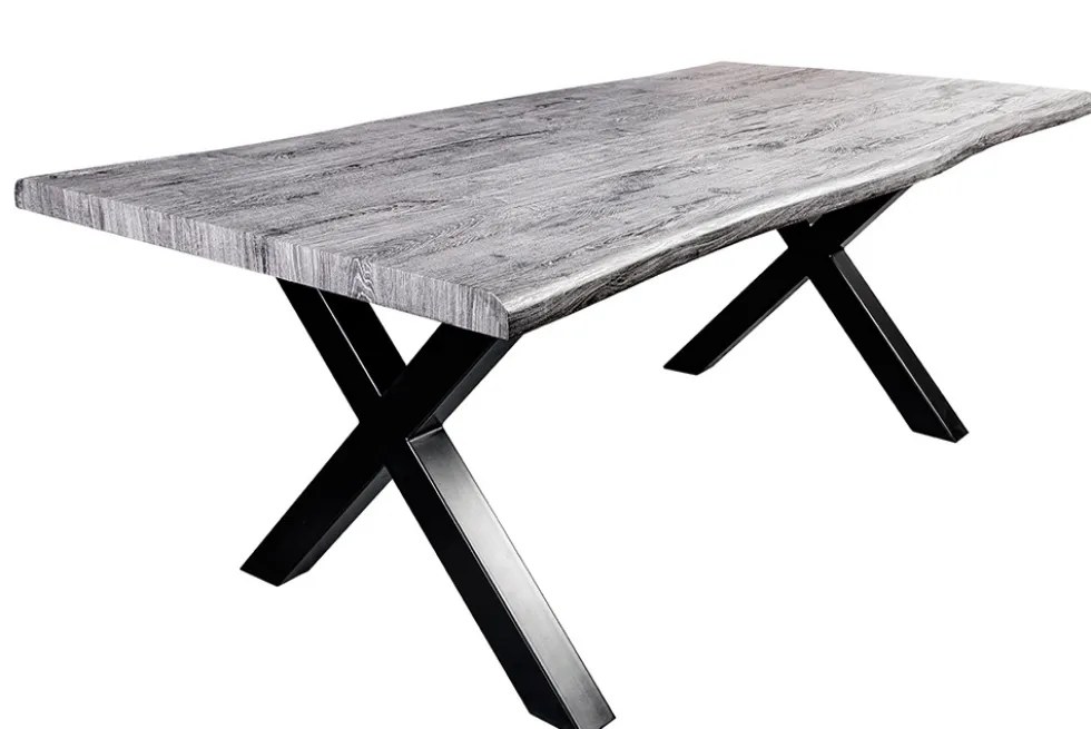 Industrial Esstisch WILD 160cm grau gekälkt Wildeiche-Design Baumkante schwarz X-Gestell