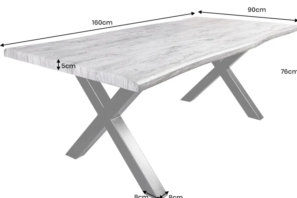 Industrial Esstisch WILD 160cm grau gekälkt Wildeiche-Design Baumkante schwarz X-Gestell