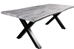 Industrial Esstisch WILD 180cm grau gekälkt Wildeiche-Design Baumkante schwarz X-Gestell