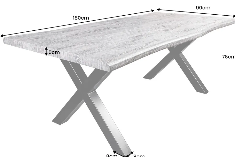 Industrial Esstisch WILD 180cm grau gekälkt Wildeiche-Design Baumkante schwarz X-Gestell