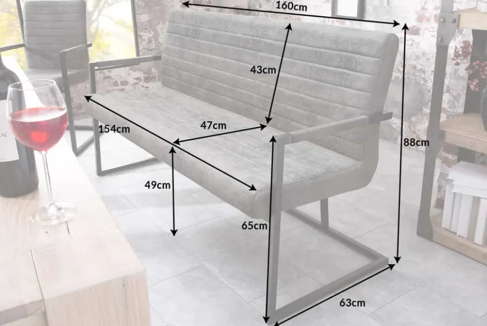 Industrial Freischwinger Bank LOFT 160cm vintage grau mit Armlehne