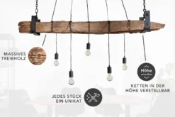Industrial Hängelampe BARRACUDA 152cm recyceltes Massivholz mit 5 Leuchten