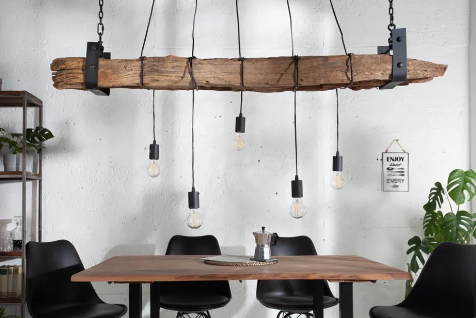 Industrial Hängelampe BARRACUDA 152cm recyceltes Massivholz mit 5 Leuchten