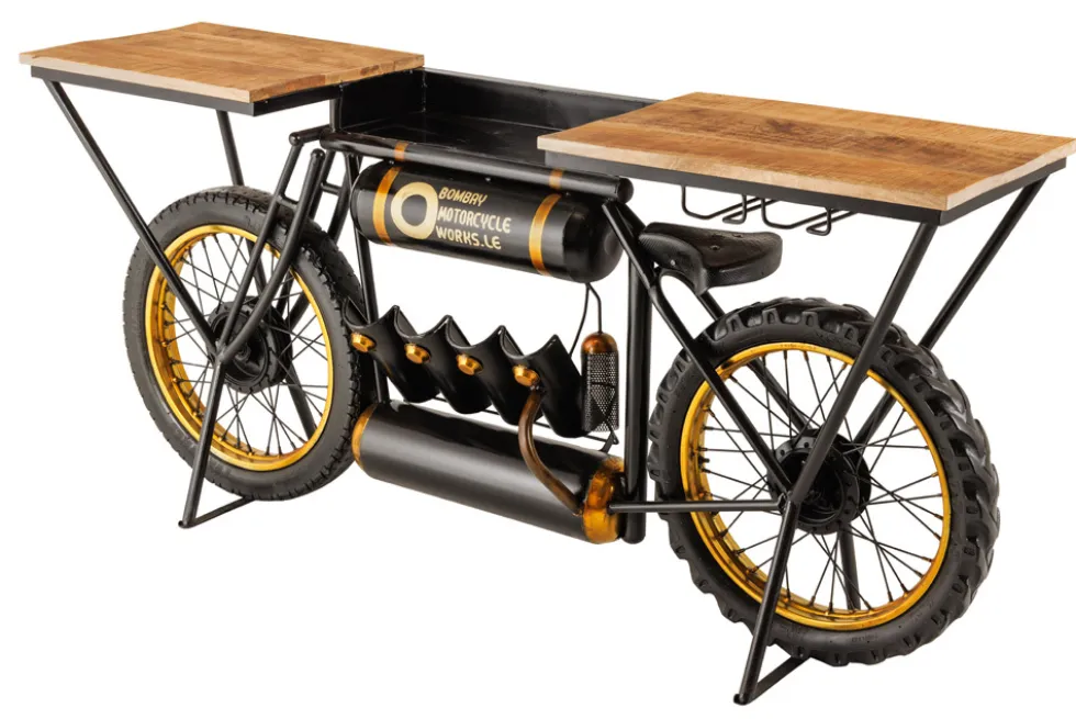 Industrial Konsolentisch MOTORCYCLE 185cm Mangoholz schwarz Motorrad Bartheke Upcycling