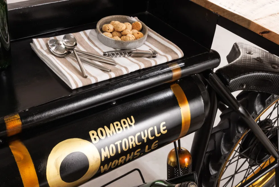 Industrial Konsolentisch MOTORCYCLE 185cm Mangoholz schwarz Motorrad Bartheke Upcycling