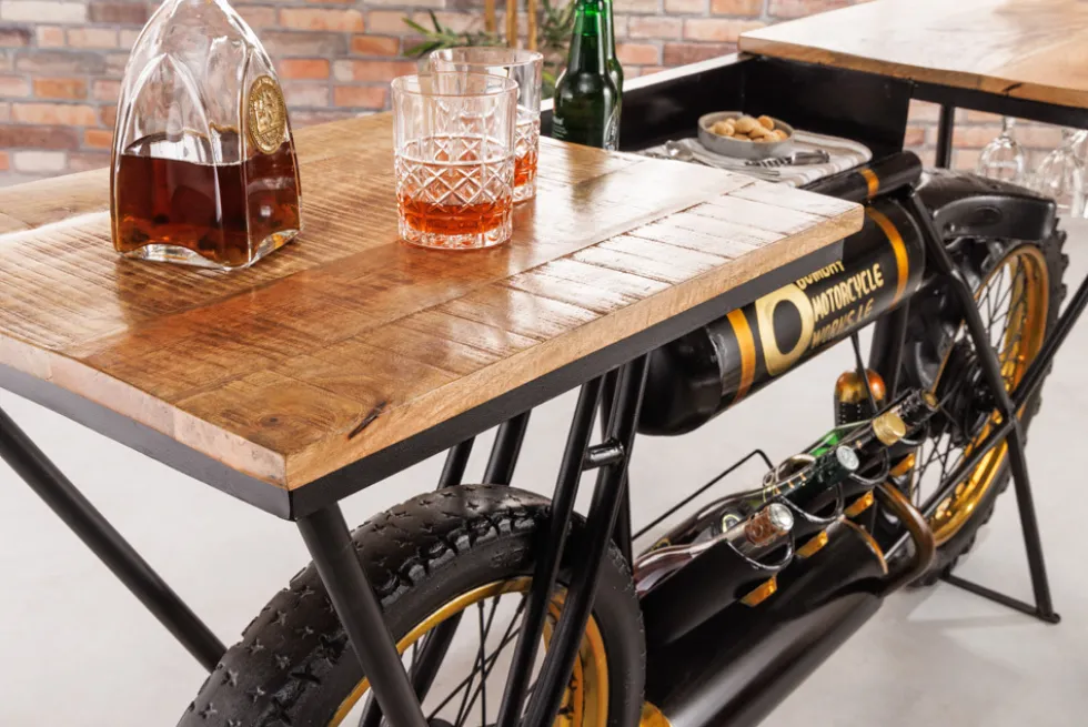 Industrial Konsolentisch MOTORCYCLE 185cm Mangoholz schwarz Motorrad Bartheke Upcycling