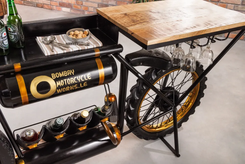 Industrial Konsolentisch MOTORCYCLE 185cm Mangoholz schwarz Motorrad Bartheke Upcycling