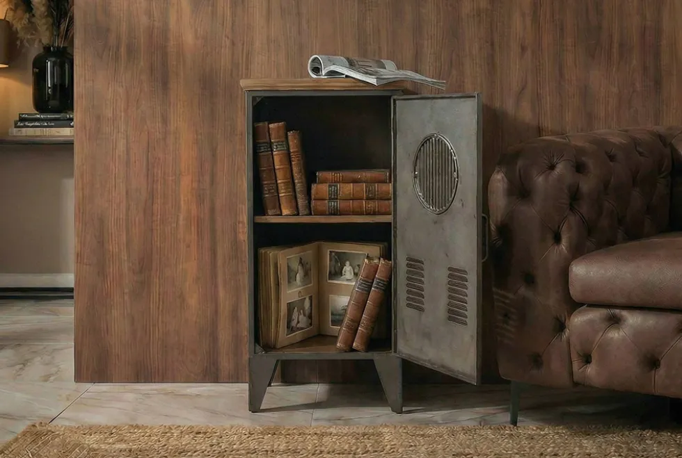 Industrial Schrank NAUTILUS 85cm natur grau Metall Massivholz Vintage Spind