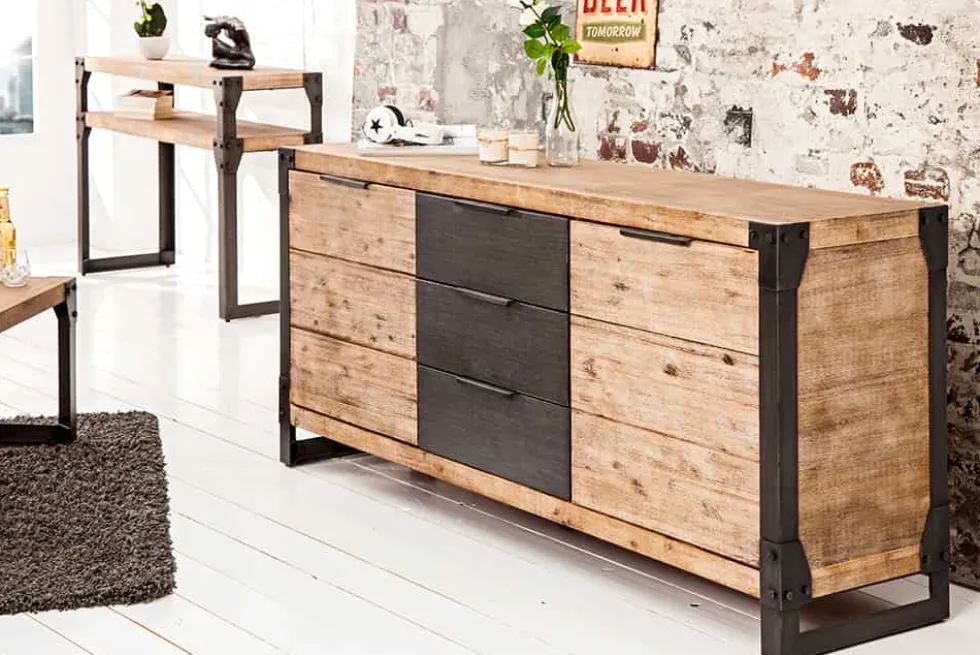 Industrial Sideboard FACTORY 180cm Akazie Massivholz weiß gekälkt Kommode mit Schubladen