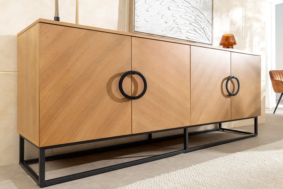 Industrial Sideboard GRANDEZZA 180cm natur Eiche schwarz Metall viel Stauraum
