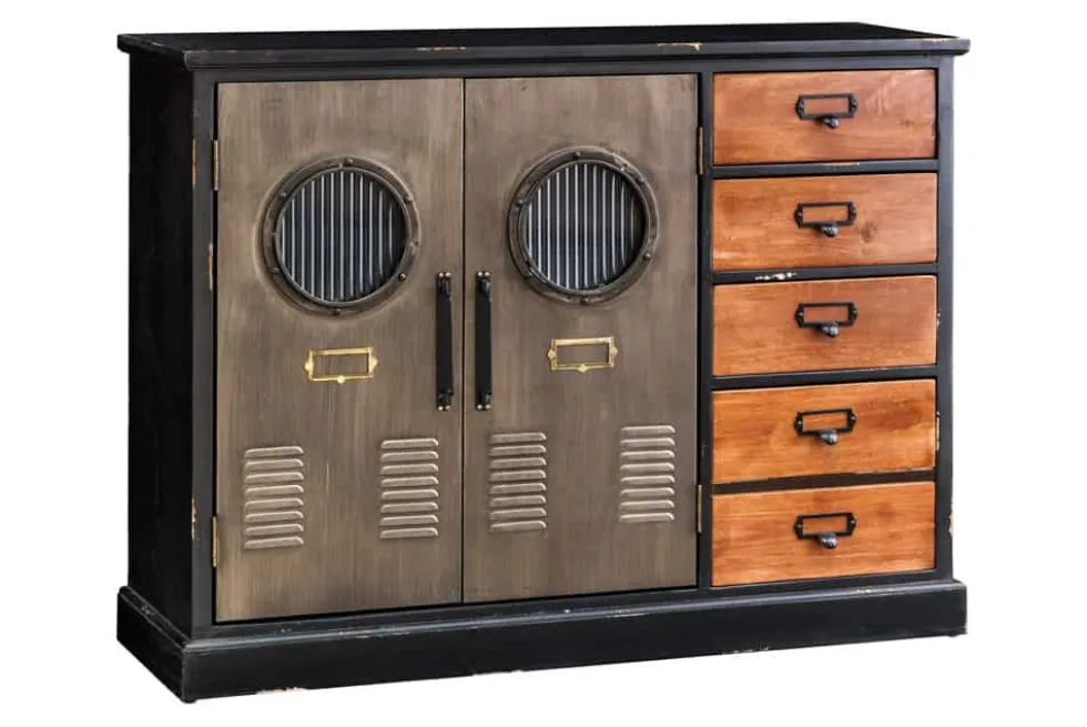 Industrial Sideboard NAUTILUS 105cm braun schwarz grau Pinienholz Metall Vintage-Look