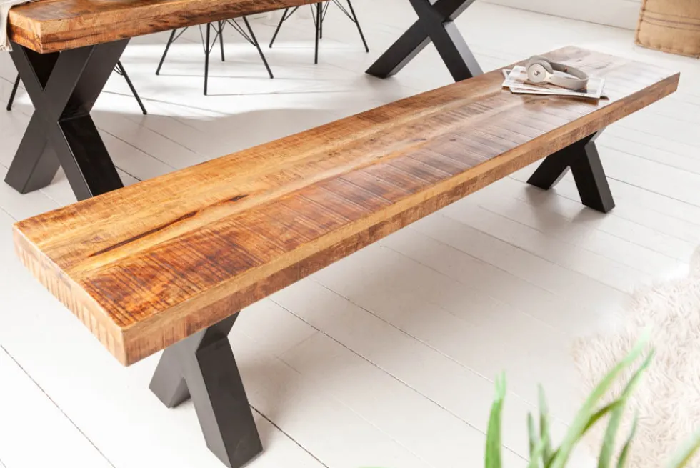Industrial Sitzbank IRON CRAFT 200cm Mangoholz mit schwarzen X-Beinen