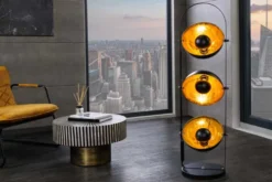 Industrial Stehlampe STUDIO 130cm schwarz Blattgold-Optik 3 neigbare Schirme