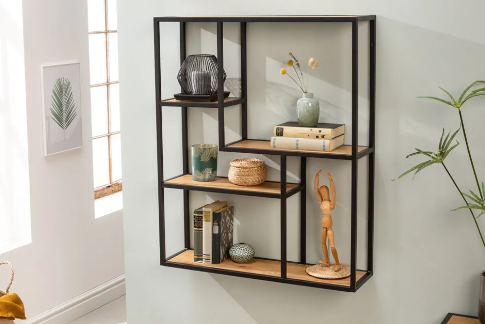 Industrial Wandregal SLIM LINE 90cm Wildeiche schwarz fünf Regalböden
