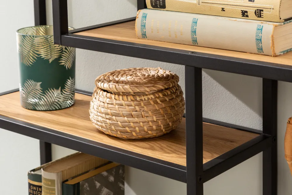 Industrial Wandregal SLIM LINE 90cm Wildeiche schwarz fünf Regalböden