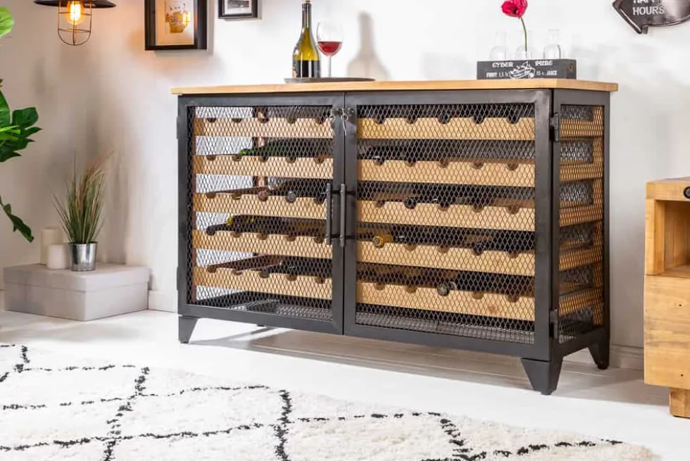 Industrial Weinschrank BODEGA 130cm recyceltes Pinienholz natur Weinregal für 55 Flaschen