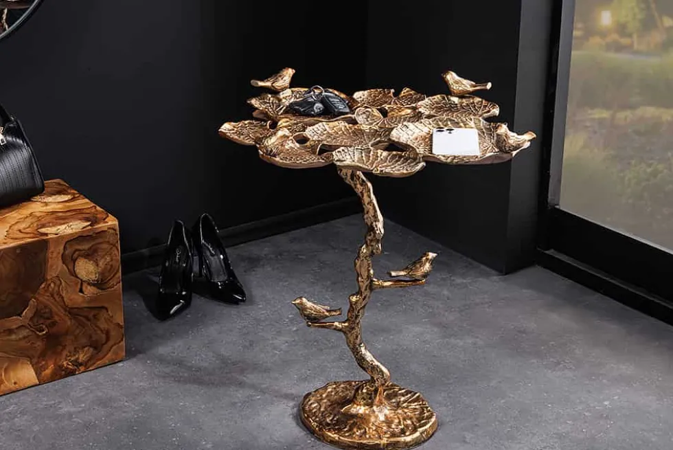 In- und Outdoor Beistelltisch BIRDS 65cm messing antik Blatt-Design wetterfest Vogel-Skulptur