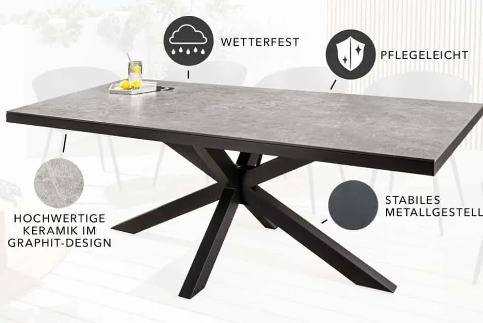 In- und Outdoor Esstisch GALAXIE 160cm hellgrau Keramik anthrazit Aluminium