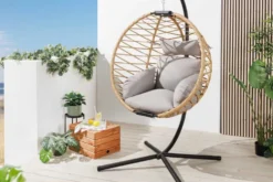 In- und Outdoor Hängesessel IBIZA natur beige Rattan mit Gestell wetterfest inkl. Kissen