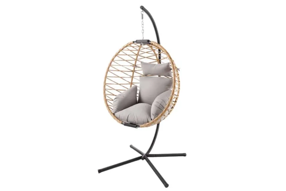 In- und Outdoor Hängesessel IBIZA natur beige Rattan mit Gestell wetterfest inkl. Kissen