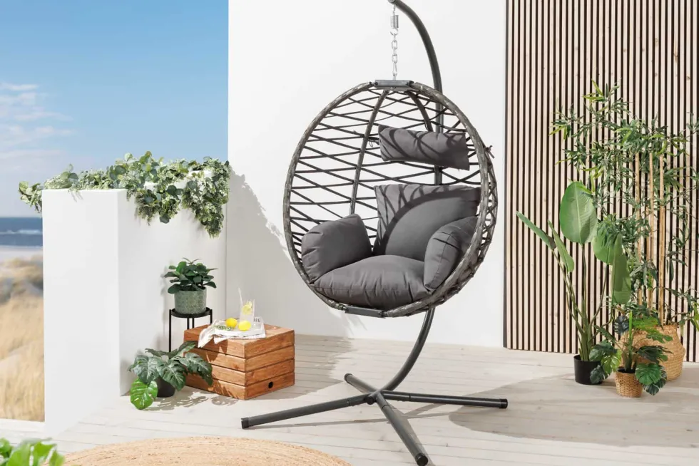 In- und Outdoor Hängesessel IBIZA anthrazit Rattan mit Gestell wetterfest inkl. Kissen