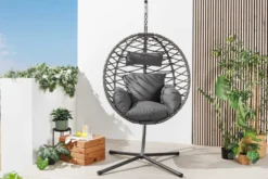 In- und Outdoor Hängesessel IBIZA anthrazit Rattan mit Gestell wetterfest inkl. Kissen