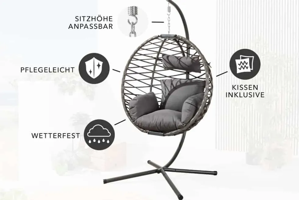 In- und Outdoor Hängesessel IBIZA anthrazit Rattan mit Gestell wetterfest inkl. Kissen