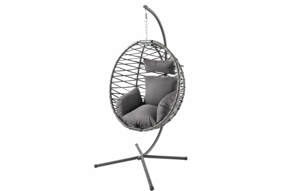 In- und Outdoor Hängesessel IBIZA anthrazit Rattan mit Gestell wetterfest inkl. Kissen