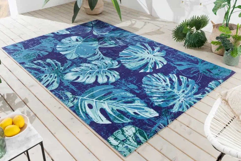 In- und Outdoor Teppich LEAF 240x160cm blau grün Blatt-Design wetterfest