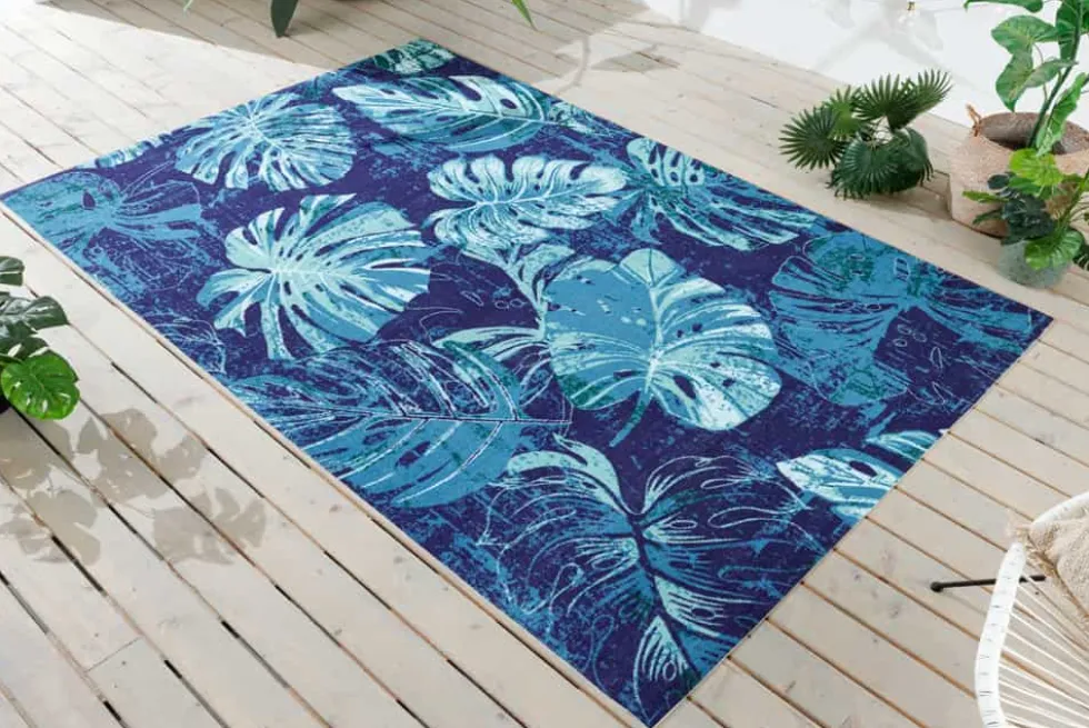 In- und Outdoor Teppich LEAF 240x160cm blau grün Blatt-Design wetterfest