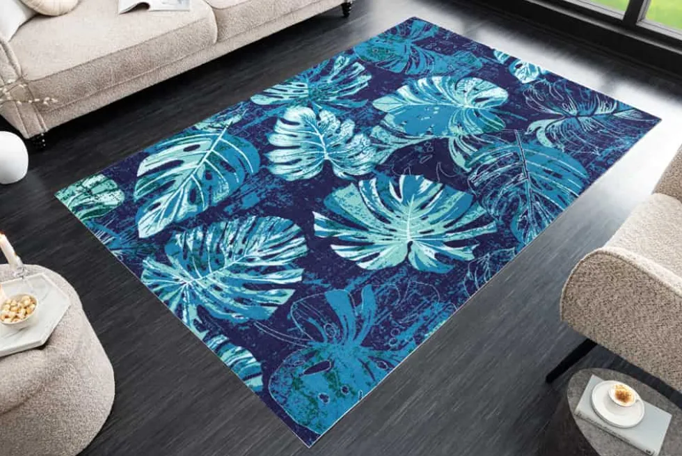 In- und Outdoor Teppich LEAF 240x160cm blau grün Blatt-Design wetterfest