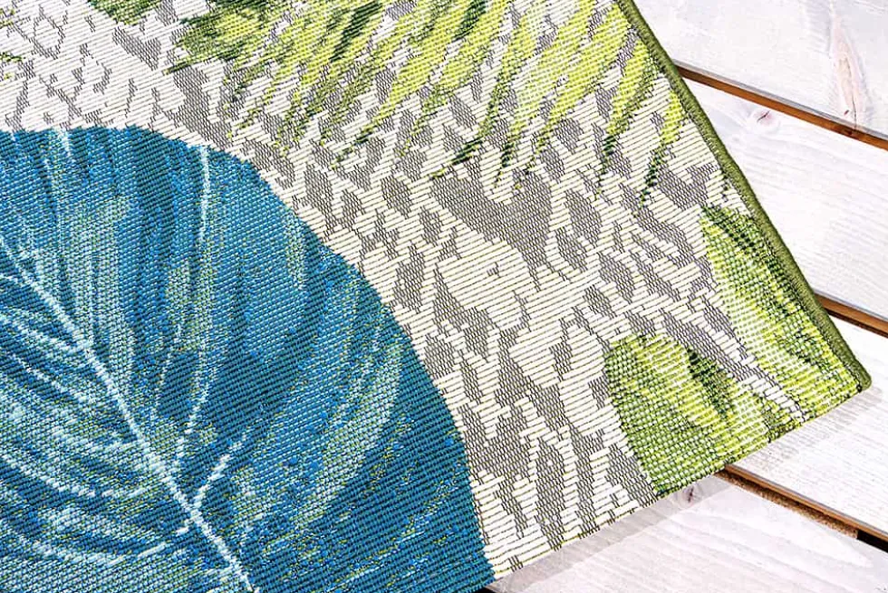 In- und Outdoor Teppich LEAF 235x160cm türkis grün weiß Blätter florales Design wetterfest
