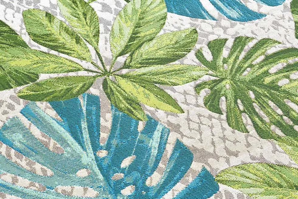 In- und Outdoor Teppich LEAF 235x160cm türkis grün weiß Blätter florales Design wetterfest