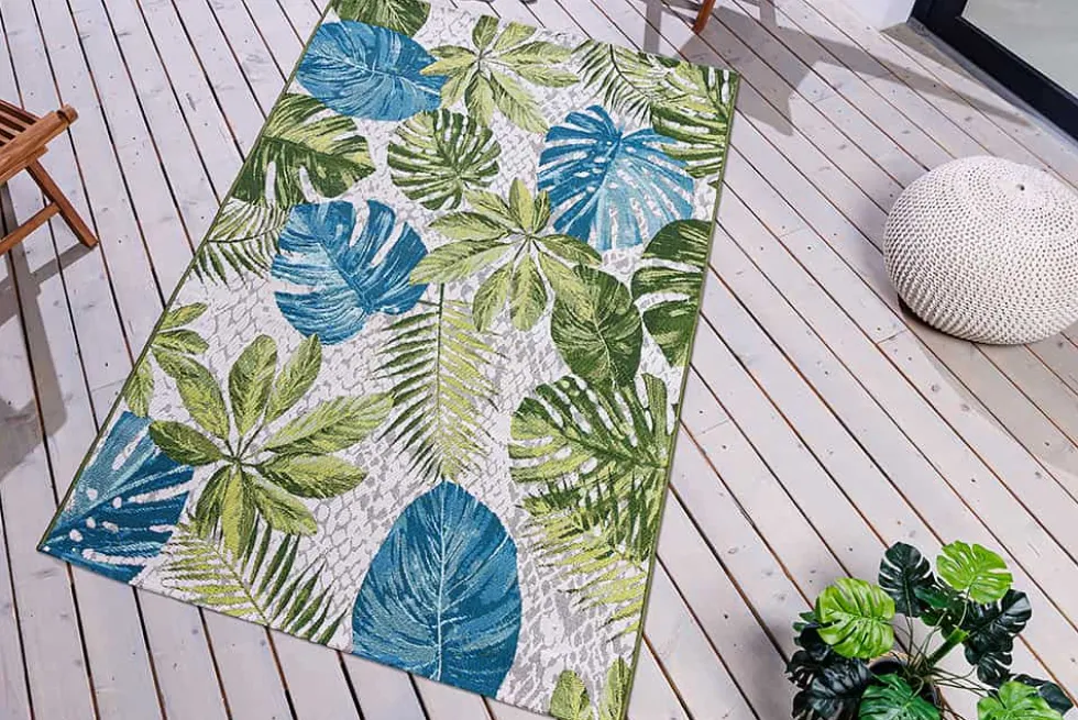 In- und Outdoor Teppich LEAF 235x160cm türkis grün weiß Blätter florales Design wetterfest