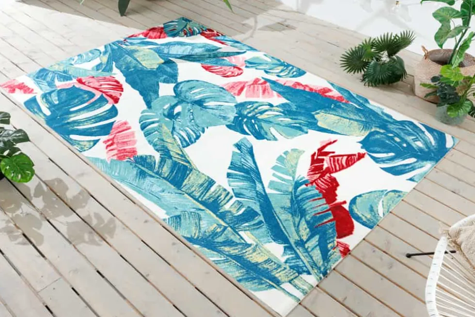 In- und Outdoor Teppich TROPICAL 180x120cm grün pink Blatt Design Läufer wetterfest