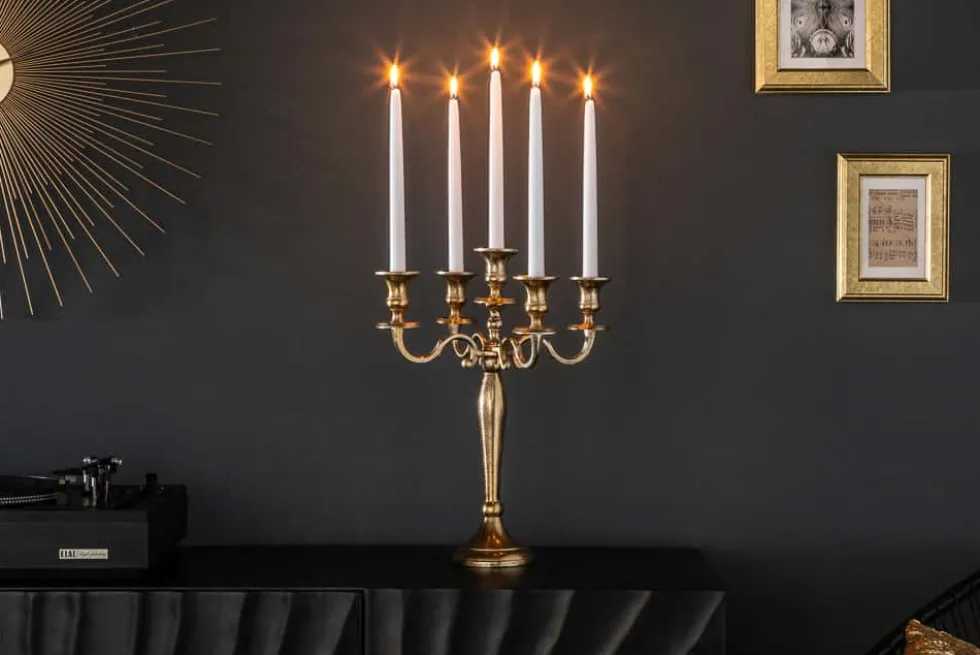 Kerzenständer MODERN BAROCK 40cm gold 5-armig Lüster Aluminium poliert Kerzenhalter