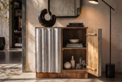 Kompaktes Sideboard ZALVERO 80cm natur silber Mangoholz mit Metall-Aluminium Front