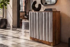 Kompaktes Sideboard ZALVERO 80cm natur silber Mangoholz mit Metall-Aluminium Front