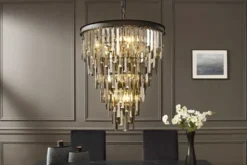Luxus Kronleuchter KRISTALL 50cm grau mit Glasprismen schwarz Eisen Hängelampe