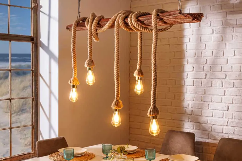 Maritime Hängeleuchte SEVEN SEAS 110cm Massivholz Seil Deckenlampe 5 Leuchten