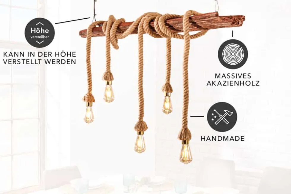 Maritime Hängeleuchte SEVEN SEAS 110cm Massivholz Seil Deckenlampe 5 Leuchten
